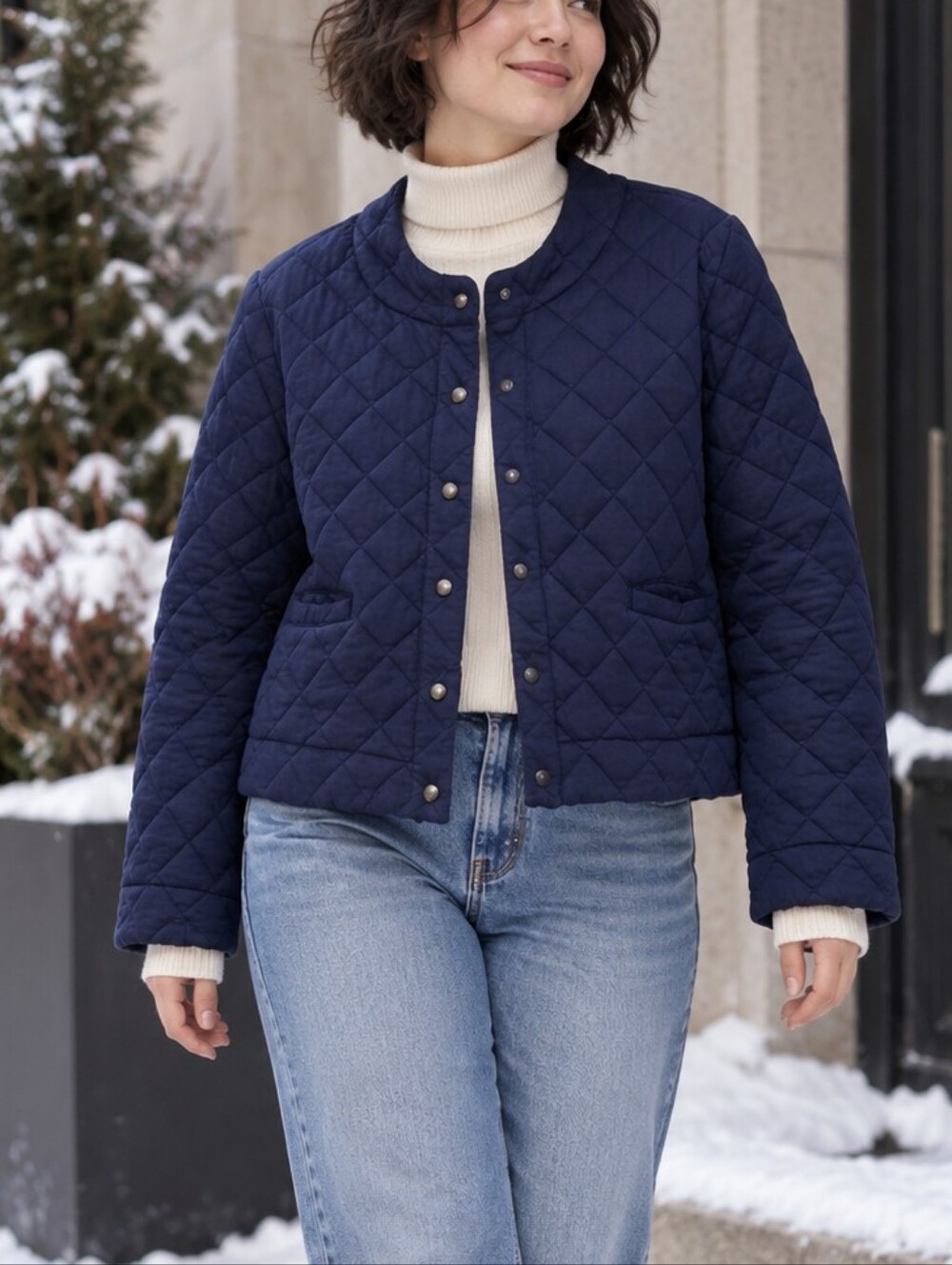 Banana Republic Navy Quilted Snap-Front Cropped Jacket Size S